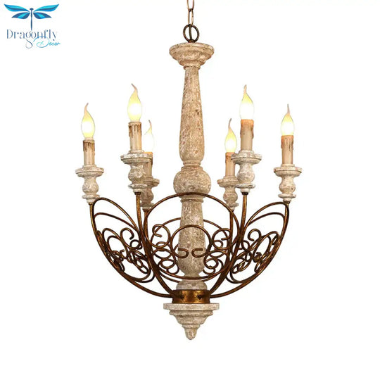 Brass 6 Lights Chandelier Lighting Rustic Wooden Candelabra Pendant Lamp For Living Room