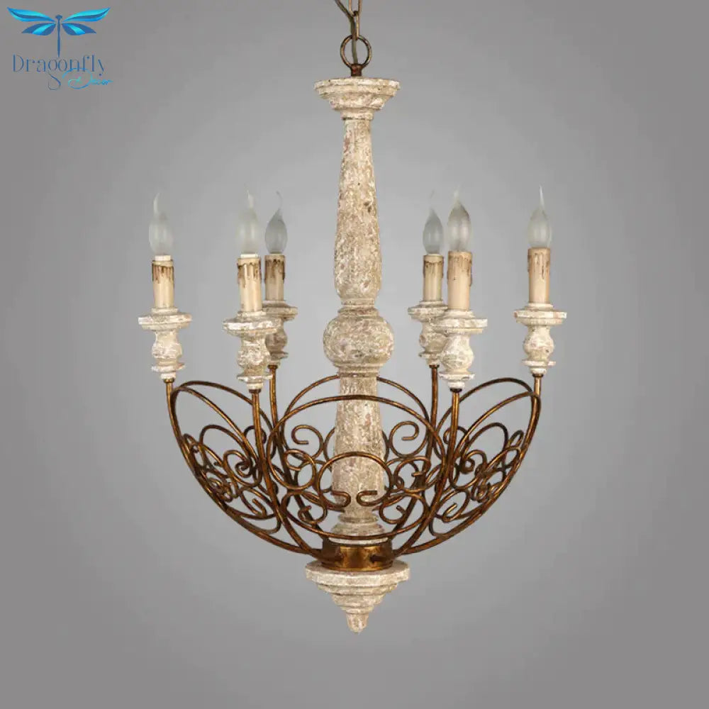 Brass 6 Lights Chandelier Lighting Rustic Wooden Candelabra Pendant Lamp For Living Room