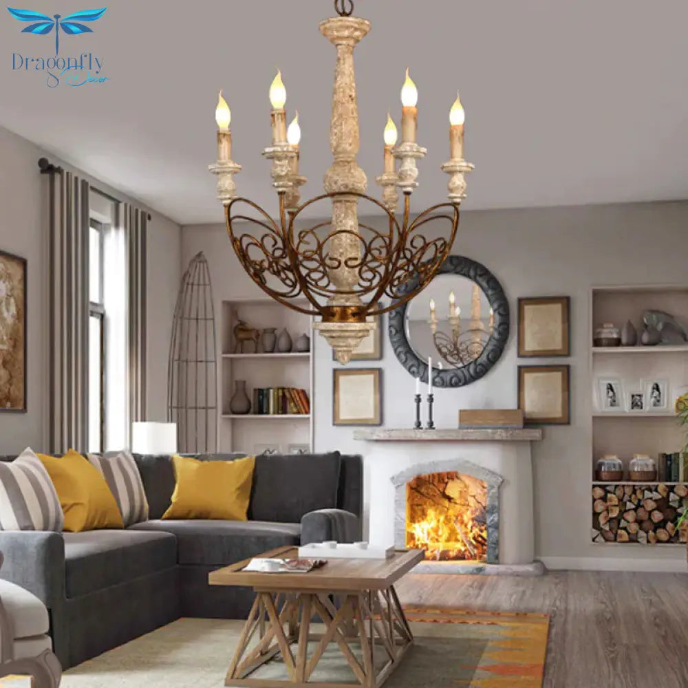 Brass 6 Lights Chandelier Lighting Rustic Wooden Candelabra Pendant Lamp For Living Room