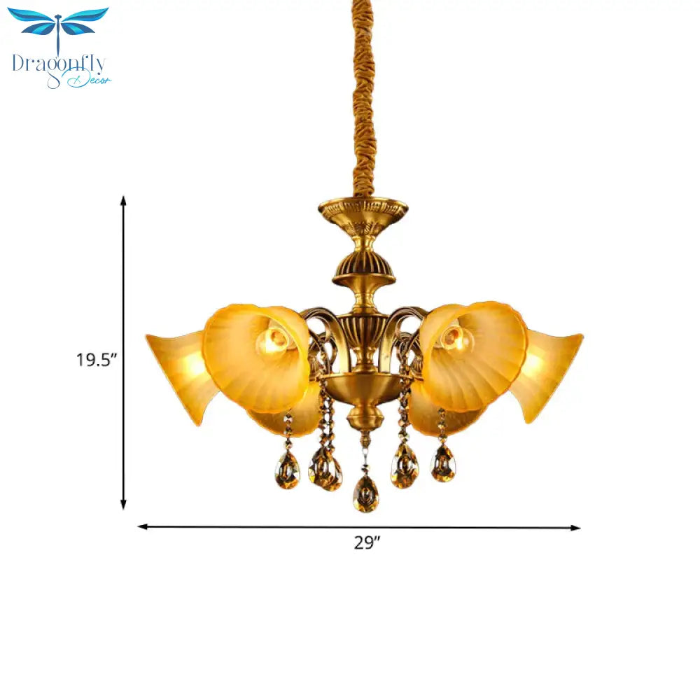 Brass 6 Lights Suspension Lamp Classic Draping Crystal Ball Bell Shade Chandelier Lighting Fixture