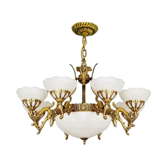 Brass 9 Lights Hanging Light Kit Traditional Milk Glass Scalloped Chandelier For Living Room
