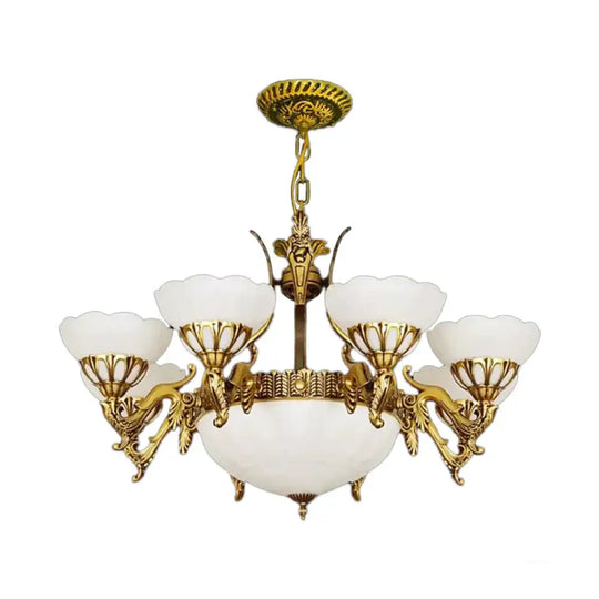 Brass 9 Lights Hanging Light Kit Traditional Milk Glass Scalloped Chandelier For Living Room