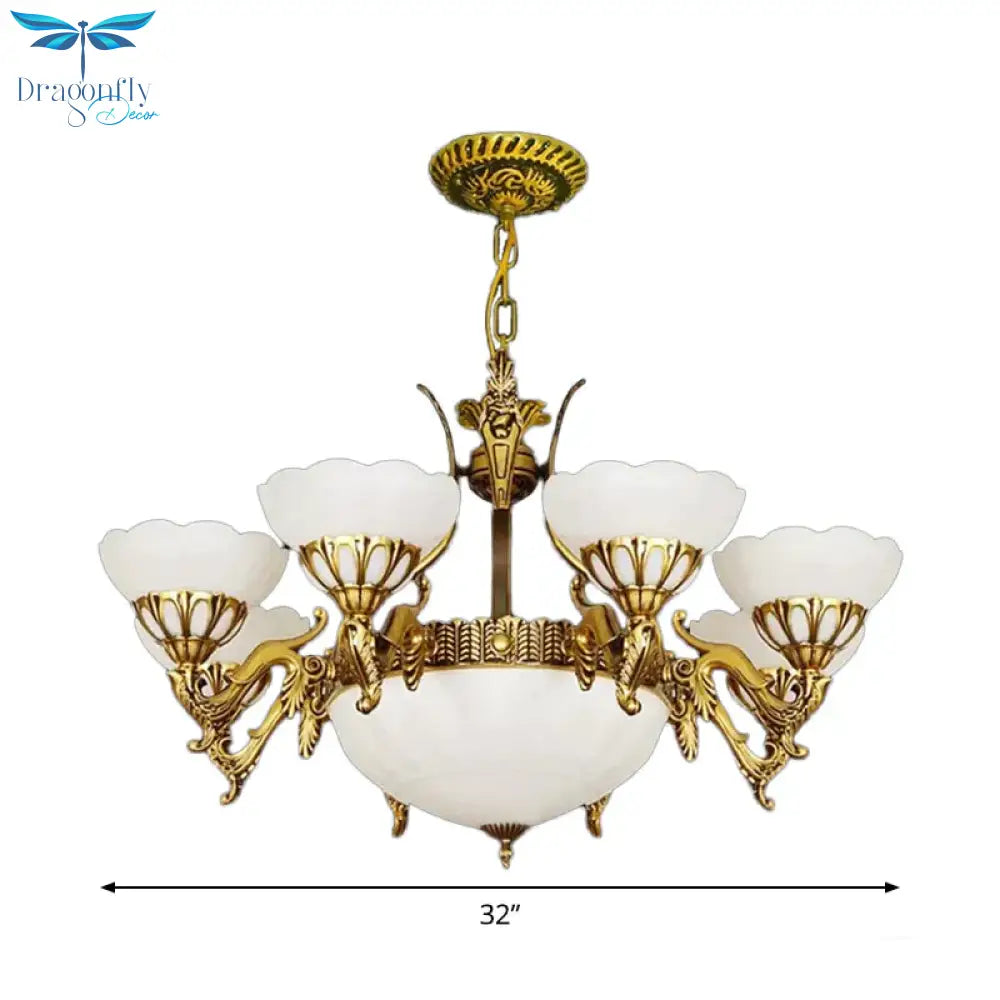 Brass 9 Lights Hanging Light Kit Traditional Milk Glass Scalloped Chandelier For Living Room