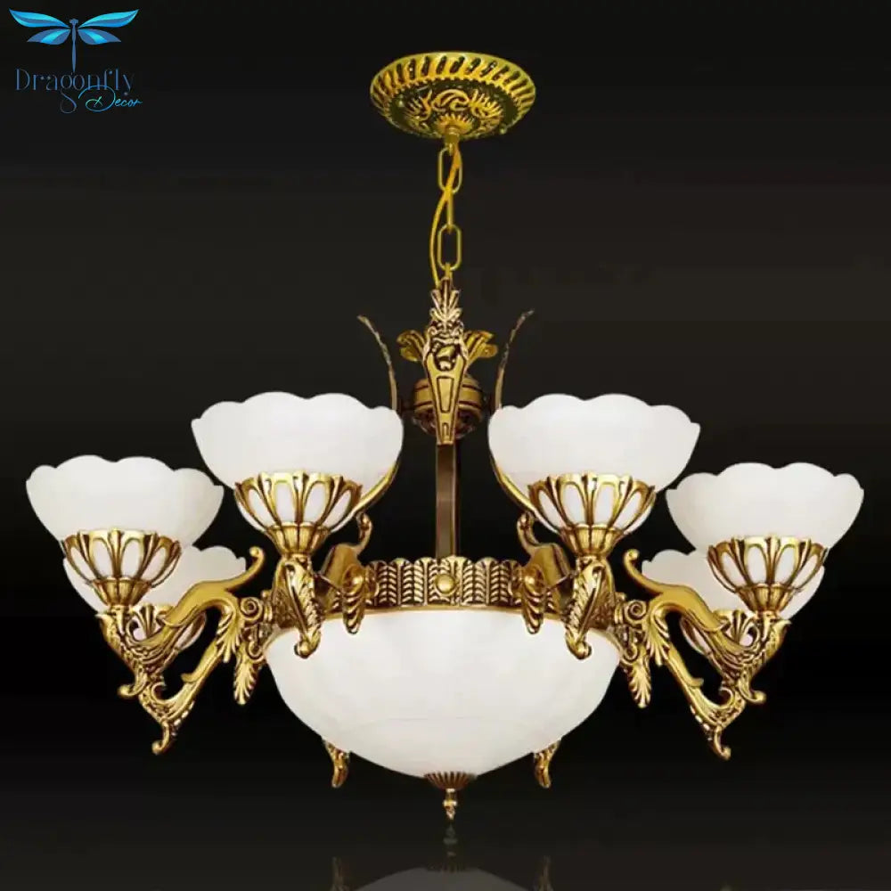 Brass 9 Lights Hanging Light Kit Traditional Milk Glass Scalloped Chandelier For Living Room