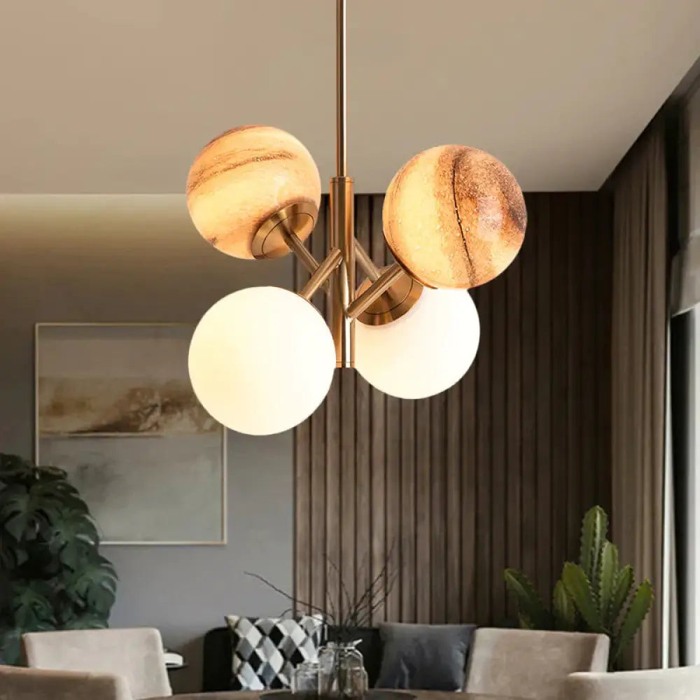 Brass Ball Hanging Lamp Kit Cartoon 4 Heads Multi Colored Glass Ceiling Pendant With Straight Arm