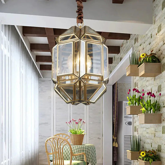 Brass Candle Chandelier Lamp Modernism Metal 3 Heads Hanging Light Fixture With Clear Glass Shade