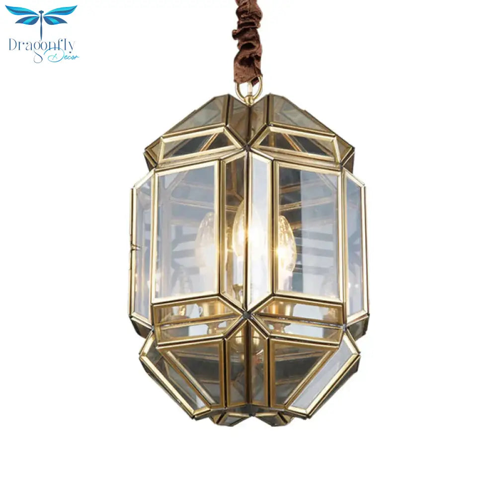 Brass Candle Chandelier Lamp Modernism Metal 3 Heads Hanging Light Fixture With Clear Glass Shade