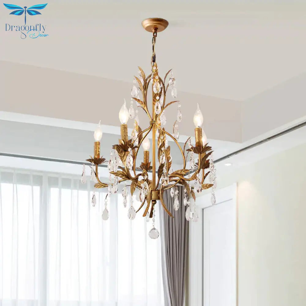 Brass Candle Chandelier Lamp Retro 5 Heads Metal Ceiling Pendant Light With Crystal Teardrop