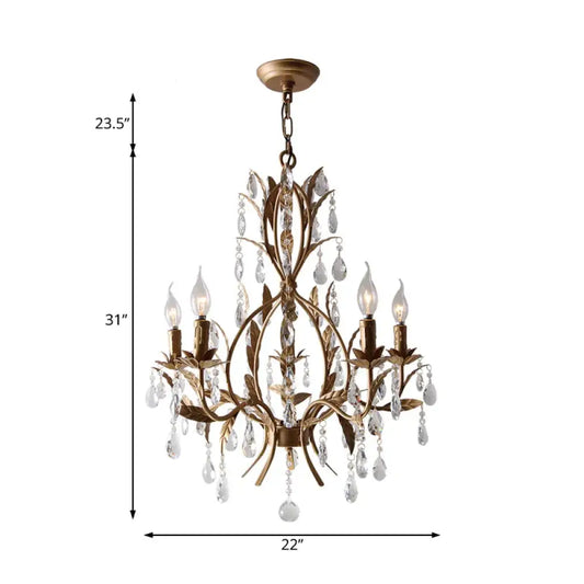 Brass Candle Chandelier Lamp Retro 5 Heads Metal Ceiling Pendant Light With Crystal Teardrop