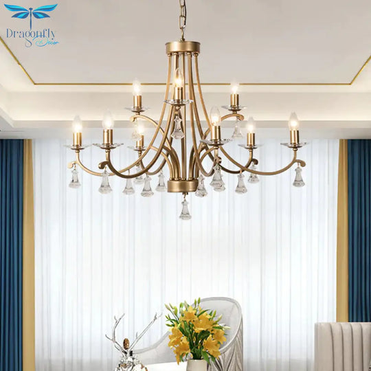 Brass Curvy Chandelier Pendant Light Rural Crystal 6/9 Lights Living Room Suspension Lighting