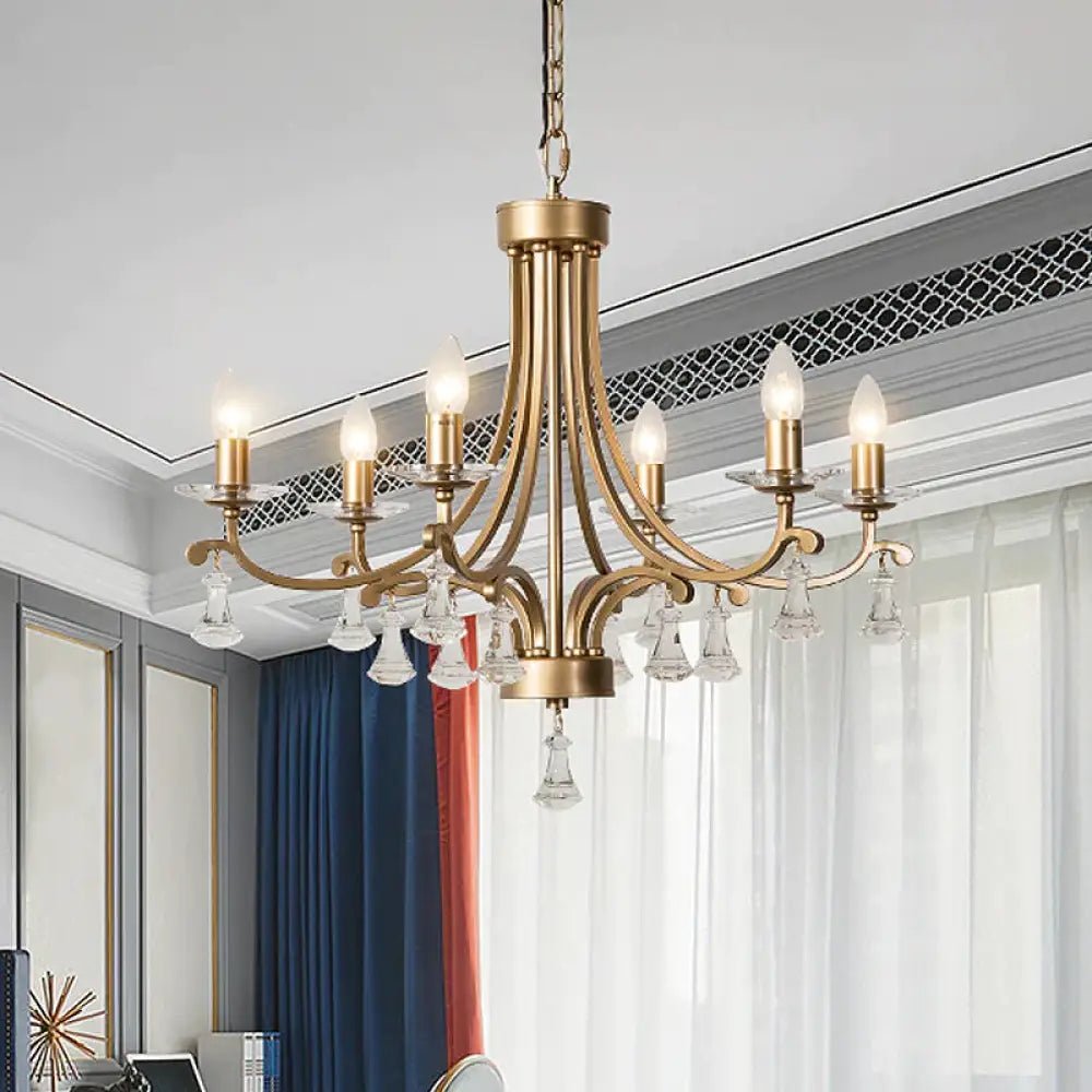 Brass Curvy Chandelier Pendant Light Rural Crystal 6/9 Lights Living Room Suspension Lighting