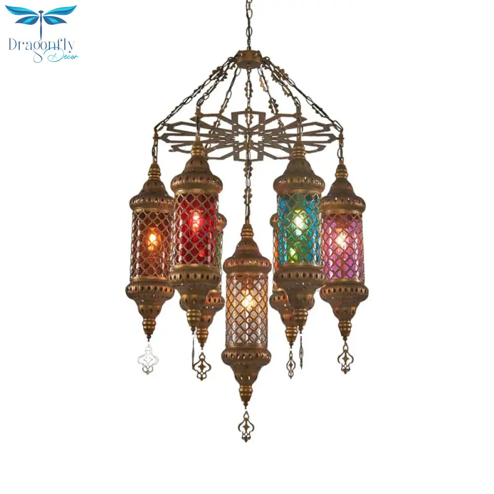 Brass Cylinder Pendant Lighting Industrial Stained Glass 7 Bulbs Restaurant Ceiling Chandelier