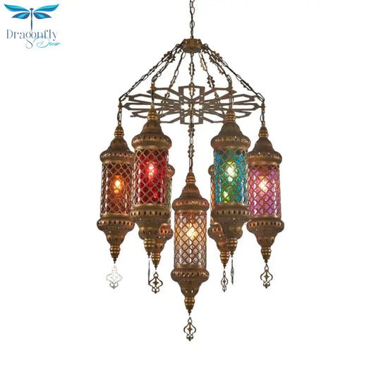 Brass Cylinder Pendant Lighting Industrial Stained Glass 7 Bulbs Restaurant Ceiling Chandelier