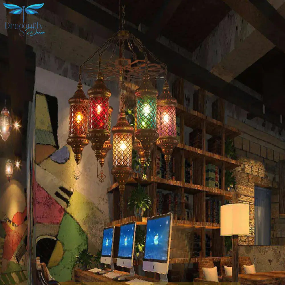 Brass Cylinder Pendant Lighting Industrial Stained Glass 7 Bulbs Restaurant Ceiling Chandelier