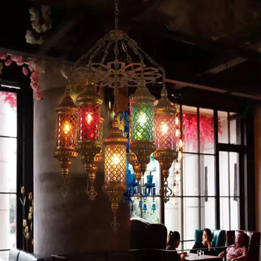 Brass Cylinder Pendant Lighting Industrial Stained Glass 7 Bulbs Restaurant Ceiling Chandelier