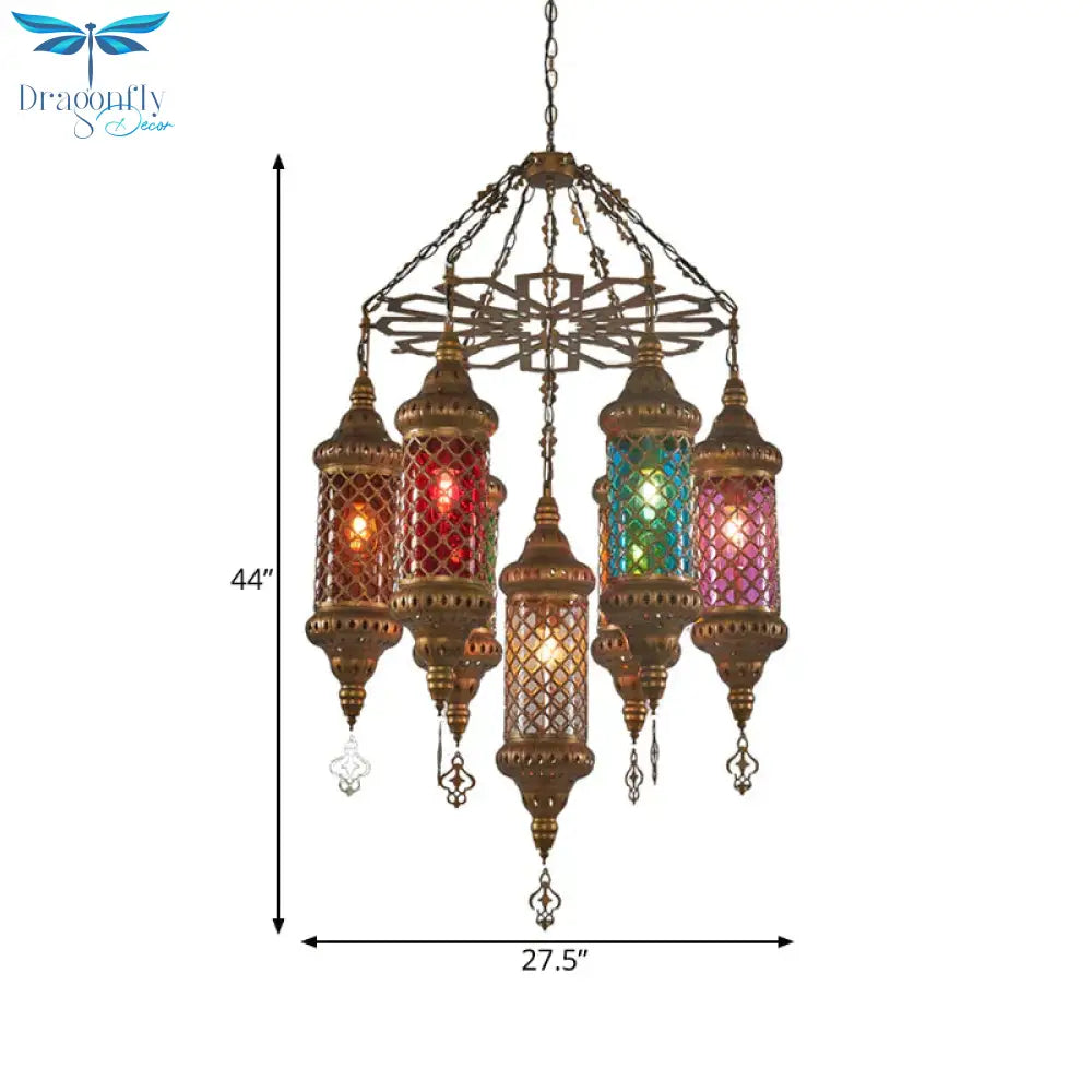 Brass Cylinder Pendant Lighting Industrial Stained Glass 7 Bulbs Restaurant Ceiling Chandelier
