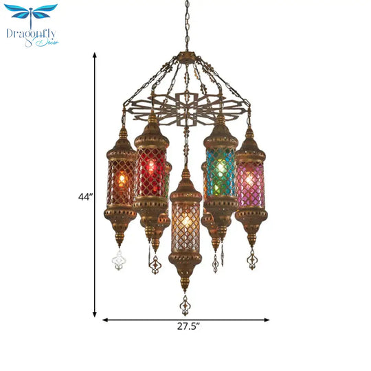 Brass Cylinder Pendant Lighting Industrial Stained Glass 7 Bulbs Restaurant Ceiling Chandelier