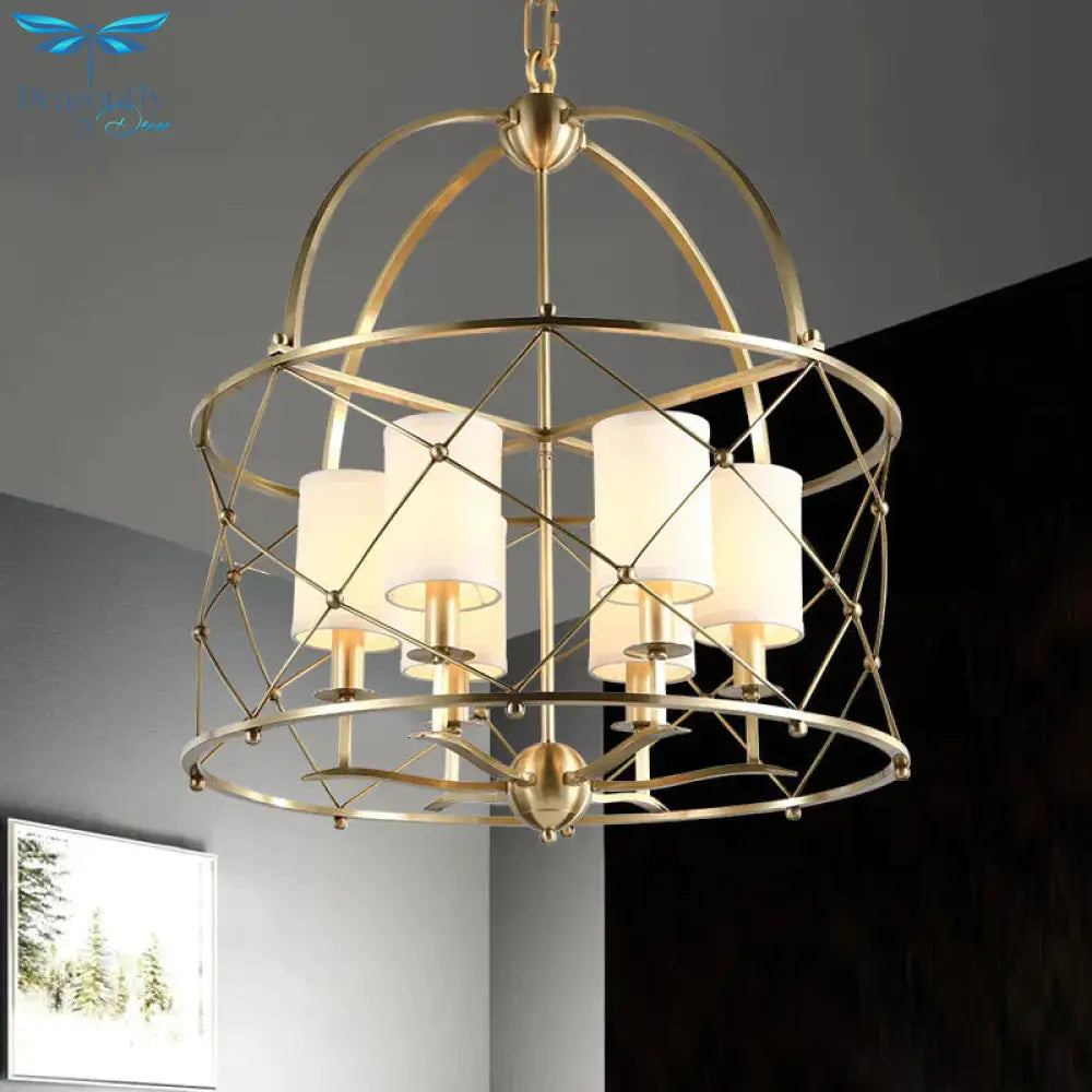 Brass Cylindrical Chandelier Lamp Nordic Metal 6 Heads Pendant Lighting Fixture With Fabric Shade
