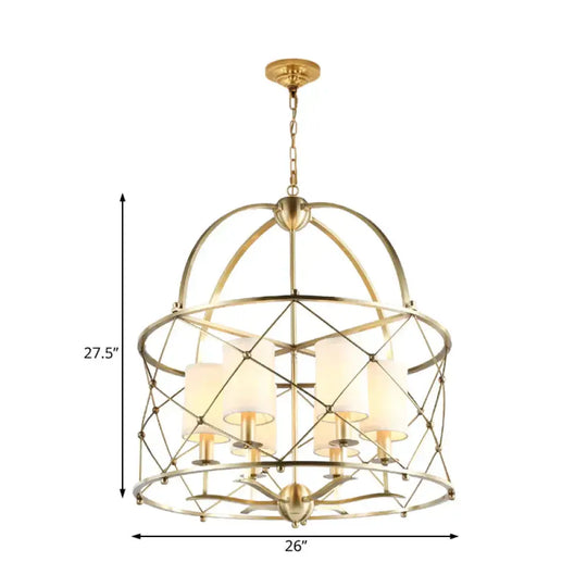 Brass Cylindrical Chandelier Lamp Nordic Metal 6 Heads Pendant Lighting Fixture With Fabric Shade