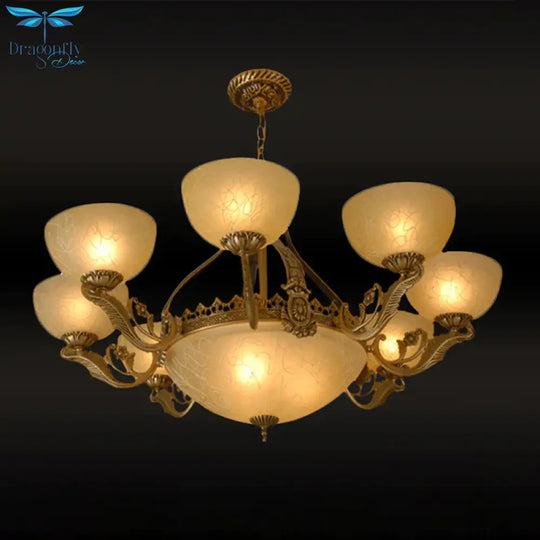Brass Finish 11 - Head Chandelier Traditional Frosted Glass Bowl Ceiling Suspension Lamp