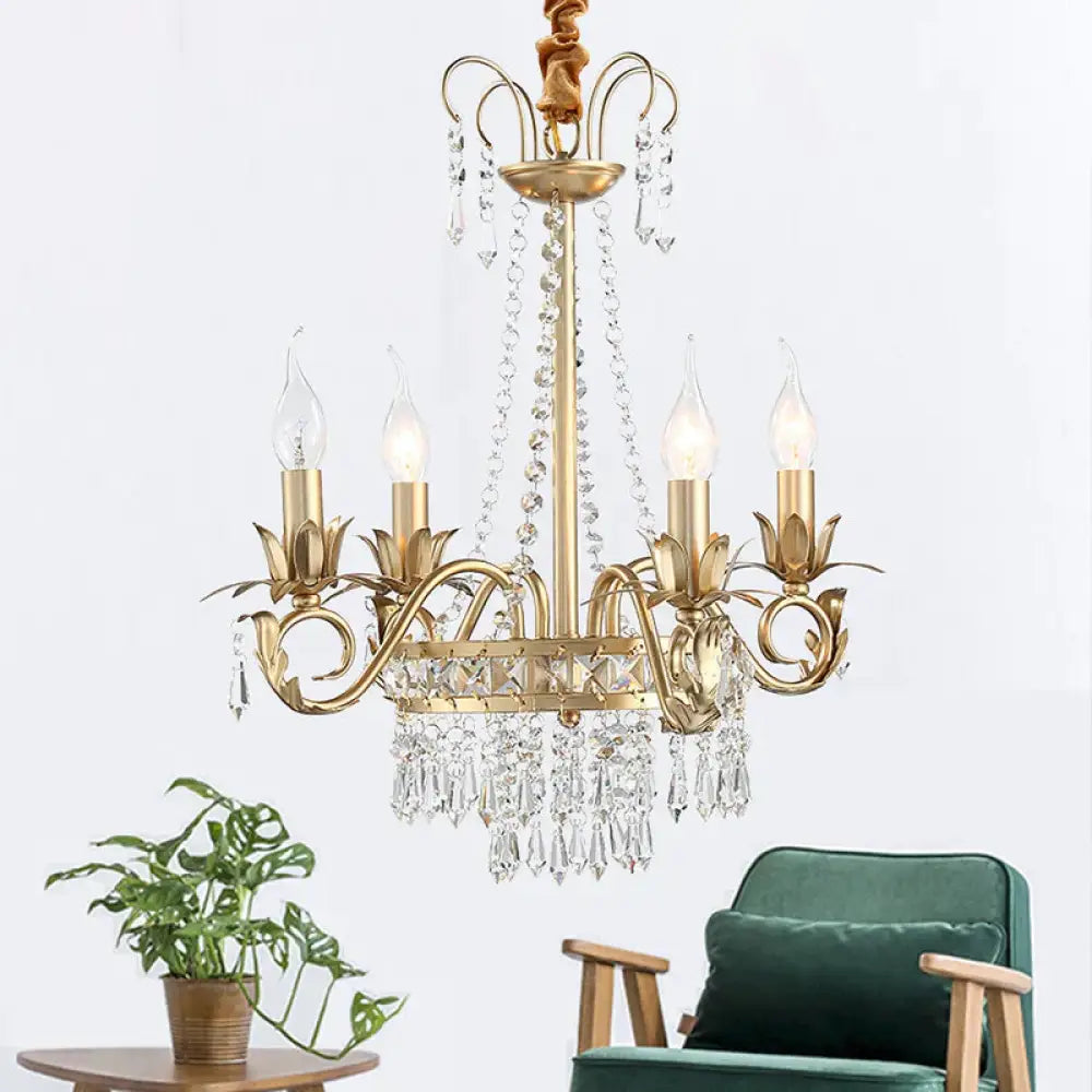 Brass Finish Curved Arm Ceiling Chandelier With Candle Accent Contemporary Crystal 4/6 Bulbs