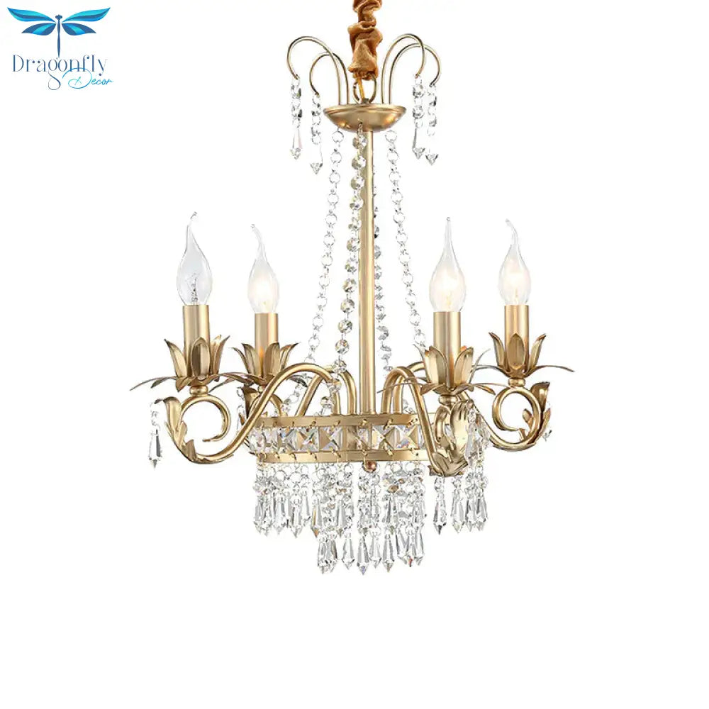 Brass Finish Curved Arm Ceiling Chandelier With Candle Accent Contemporary Crystal 4/6 Bulbs