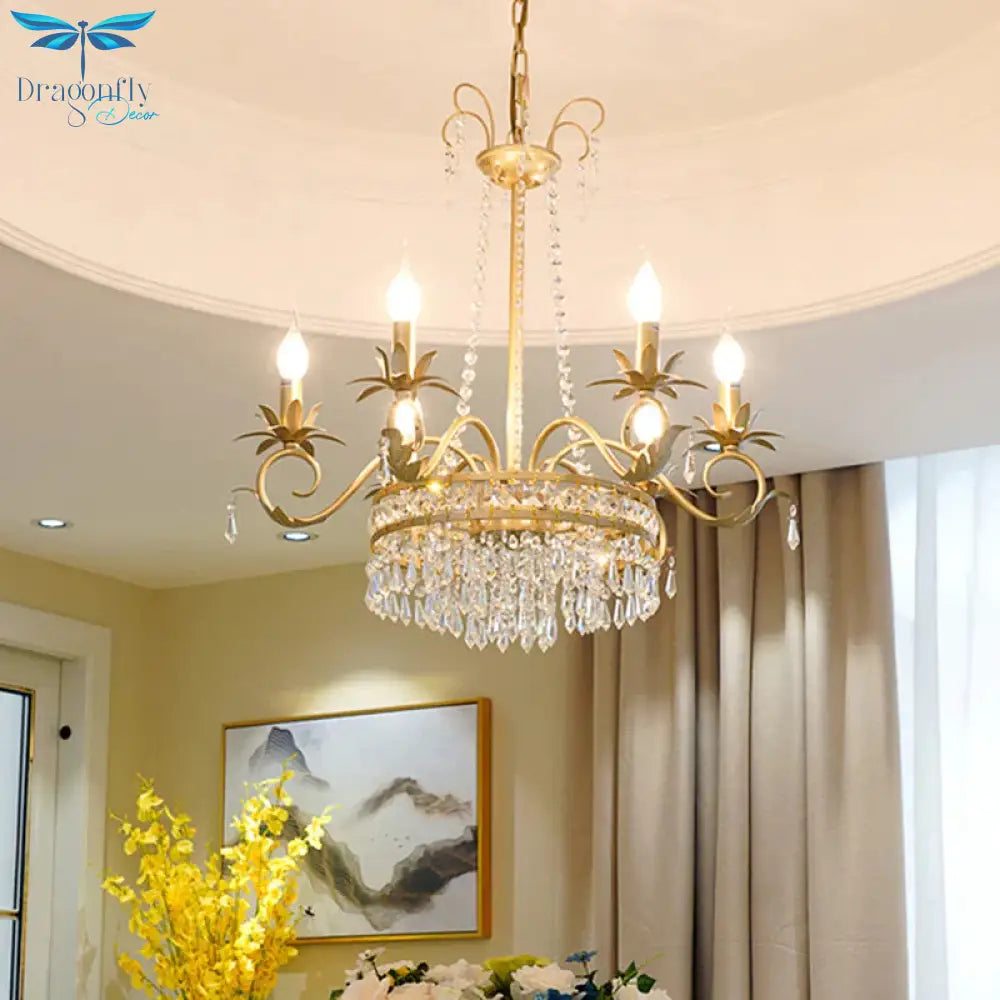 Brass Finish Curved Arm Ceiling Chandelier With Candle Accent Contemporary Crystal 4/6 Bulbs