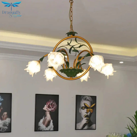 Brass Floral Chandelier Pendant Light Pastoral Style Metal 6/8/10 Heads Living Room Led Hanging Lamp