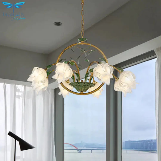 Brass Floral Chandelier Pendant Light Pastoral Style Metal 6/8/10 Heads Living Room Led Hanging Lamp