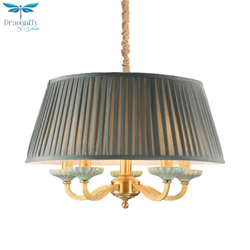 Brass Pleated Drum Chandelier Lighting Rustic Fabric 5 Heads Dining Room Hanging Pendant Light