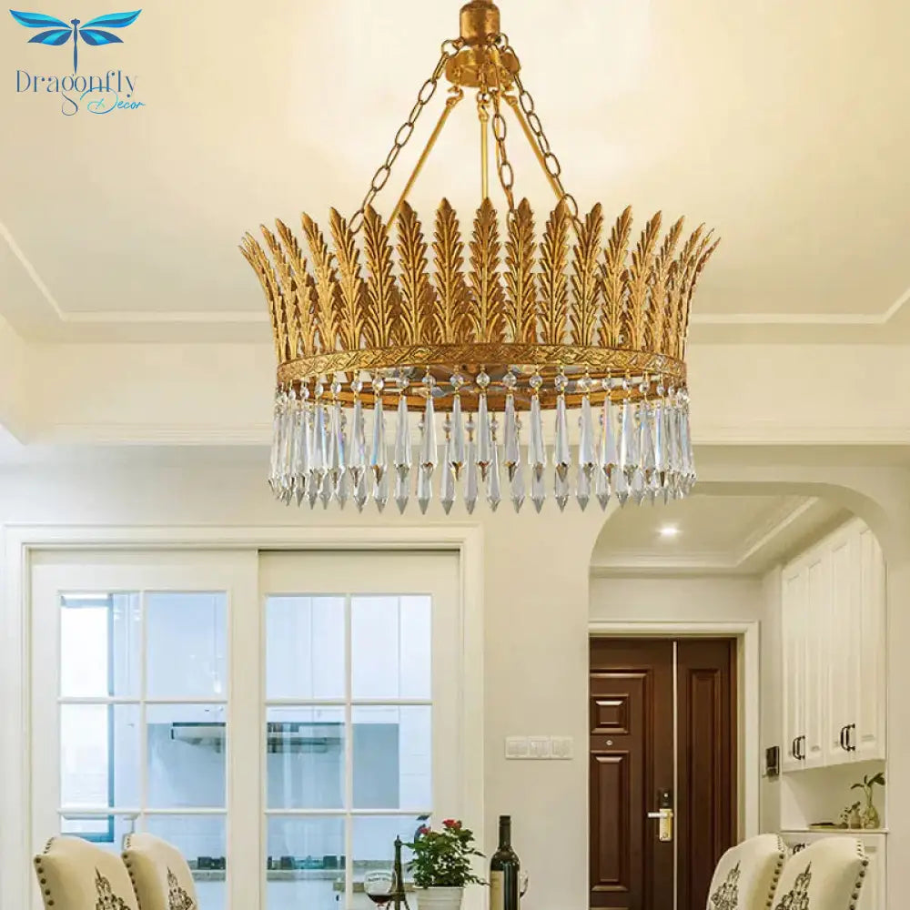 Brass Round Chandelier Lamp Traditional Metal And Crystal 4/6 Lights Living Room Hanging Light