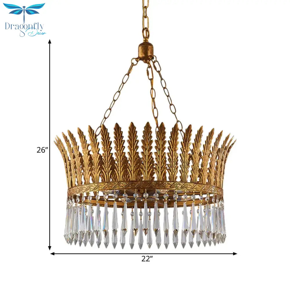 Brass Round Chandelier Lamp Traditional Metal And Crystal 4/6 Lights Living Room Hanging Light