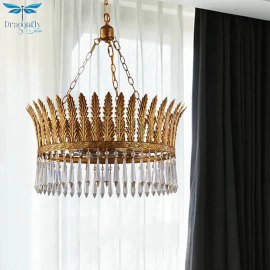 Brass Round Chandelier Lamp Traditional Metal And Crystal 4/6 Lights Living Room Hanging Light