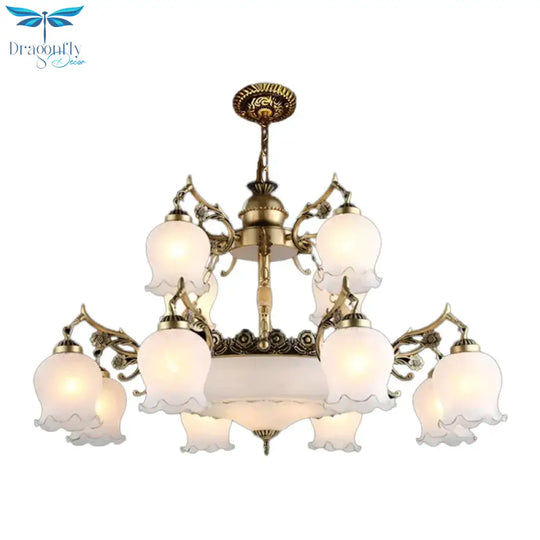 Bronze 15 Lights Chandelier Rural Opal Glass Tiered Flowerbud Shaped Drop Lamp For Restaurant