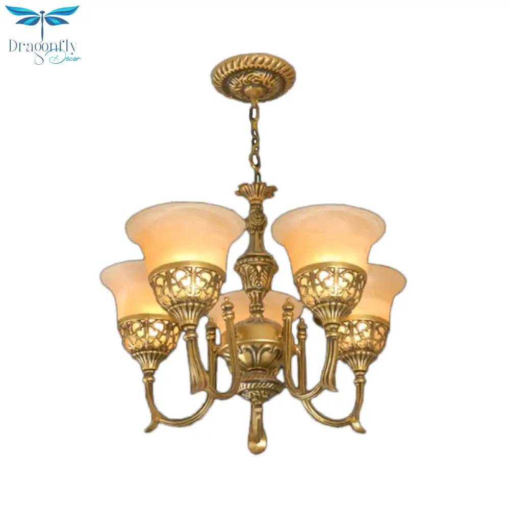 Bronze 5 - Light Up Chandelier Antiqued Style Frosted Glass Flared Ceiling Hang Lamp
