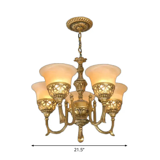 Bronze 5 - Light Up Chandelier Antiqued Style Frosted Glass Flared Ceiling Hang Lamp
