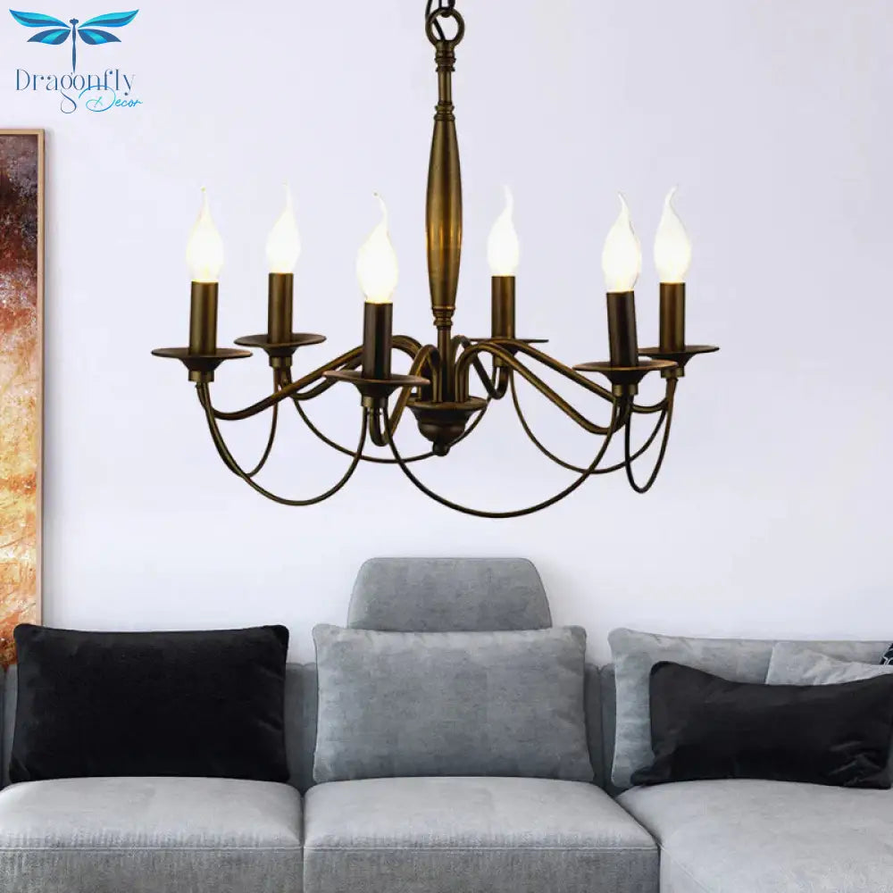 Bronze 6 Lights Pendant Chandelier Classic Metal Scrolled Arm Hanging Light For Living Room