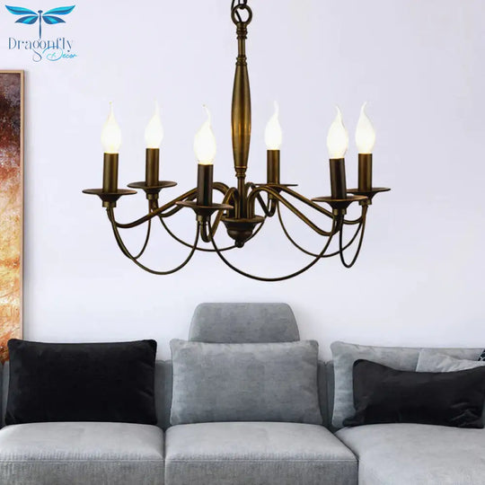 Bronze 6 Lights Pendant Chandelier Classic Metal Scrolled Arm Hanging Light For Living Room