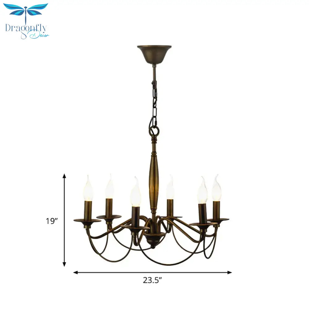Bronze 6 Lights Pendant Chandelier Classic Metal Scrolled Arm Hanging Light For Living Room