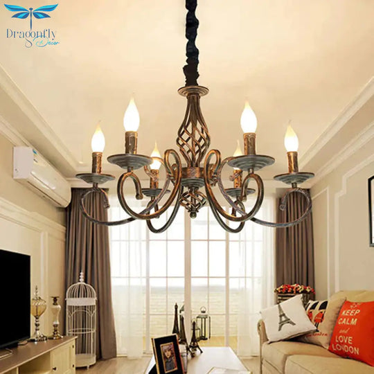 Bronze 6 Lights Pendant Lamp Classic Metal Candelabra Hanging Chandelier For Dining Room