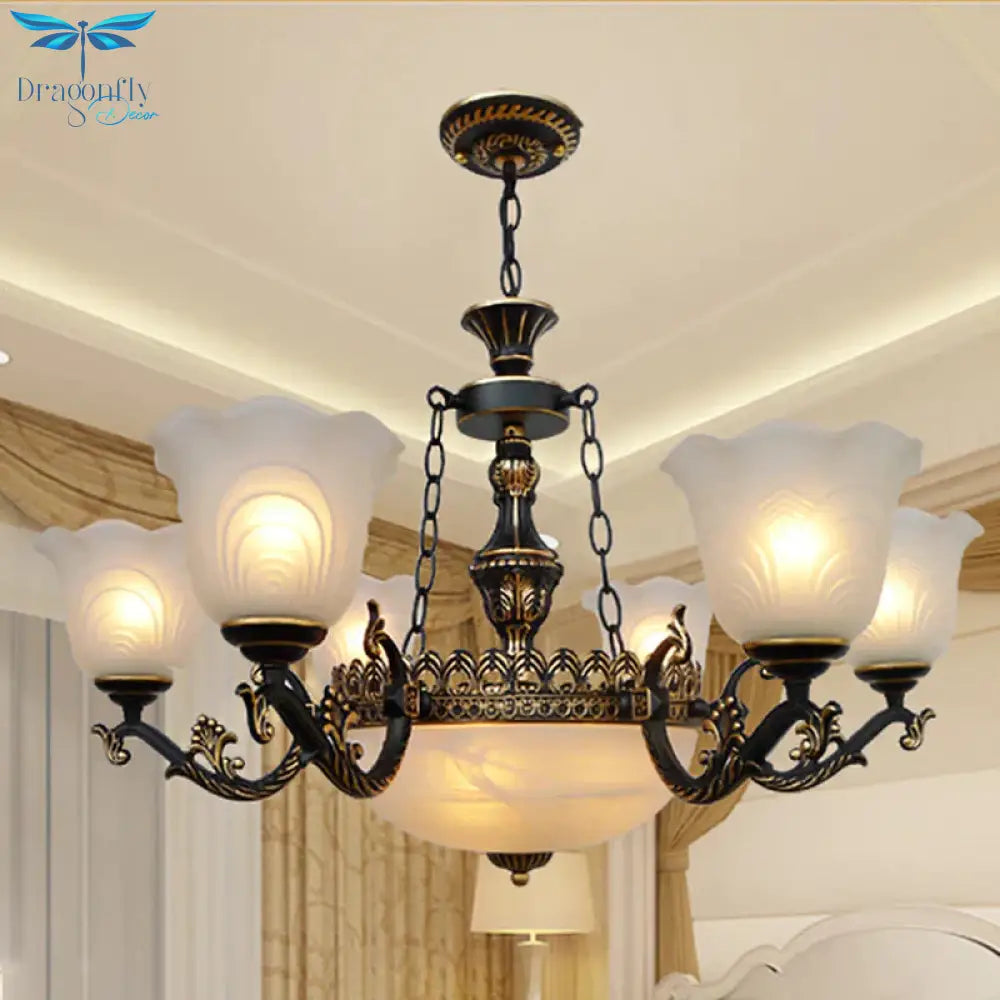 Bronze Flared Pendant Lighting Traditional Frosted Textured Glass 9/11 Light Living Room Chandelier