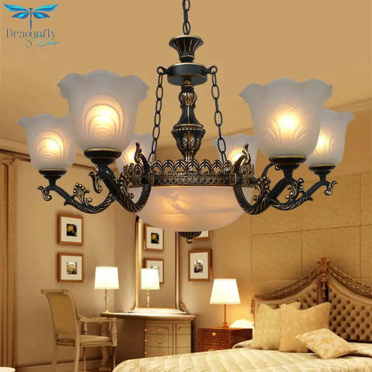 Bronze Flared Pendant Lighting Traditional Frosted Textured Glass 9/11 Light Living Room Chandelier