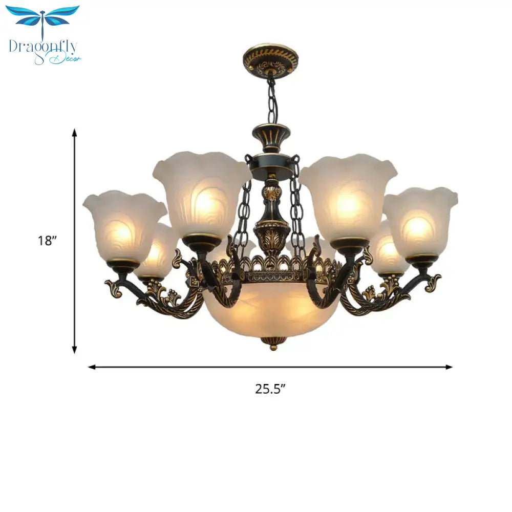Bronze Flared Pendant Lighting Traditional Frosted Textured Glass 9/11 Light Living Room Chandelier