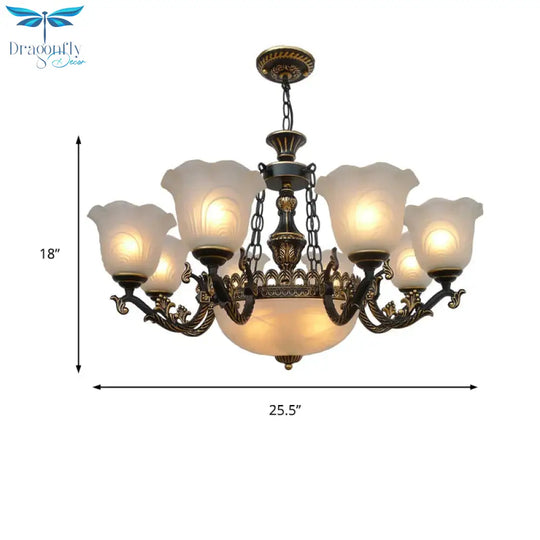 Bronze Flared Pendant Lighting Traditional Frosted Textured Glass 9/11 Light Living Room Chandelier