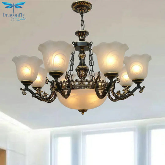 Bronze Flared Pendant Lighting Traditional Frosted Textured Glass 9/11 Light Living Room Chandelier