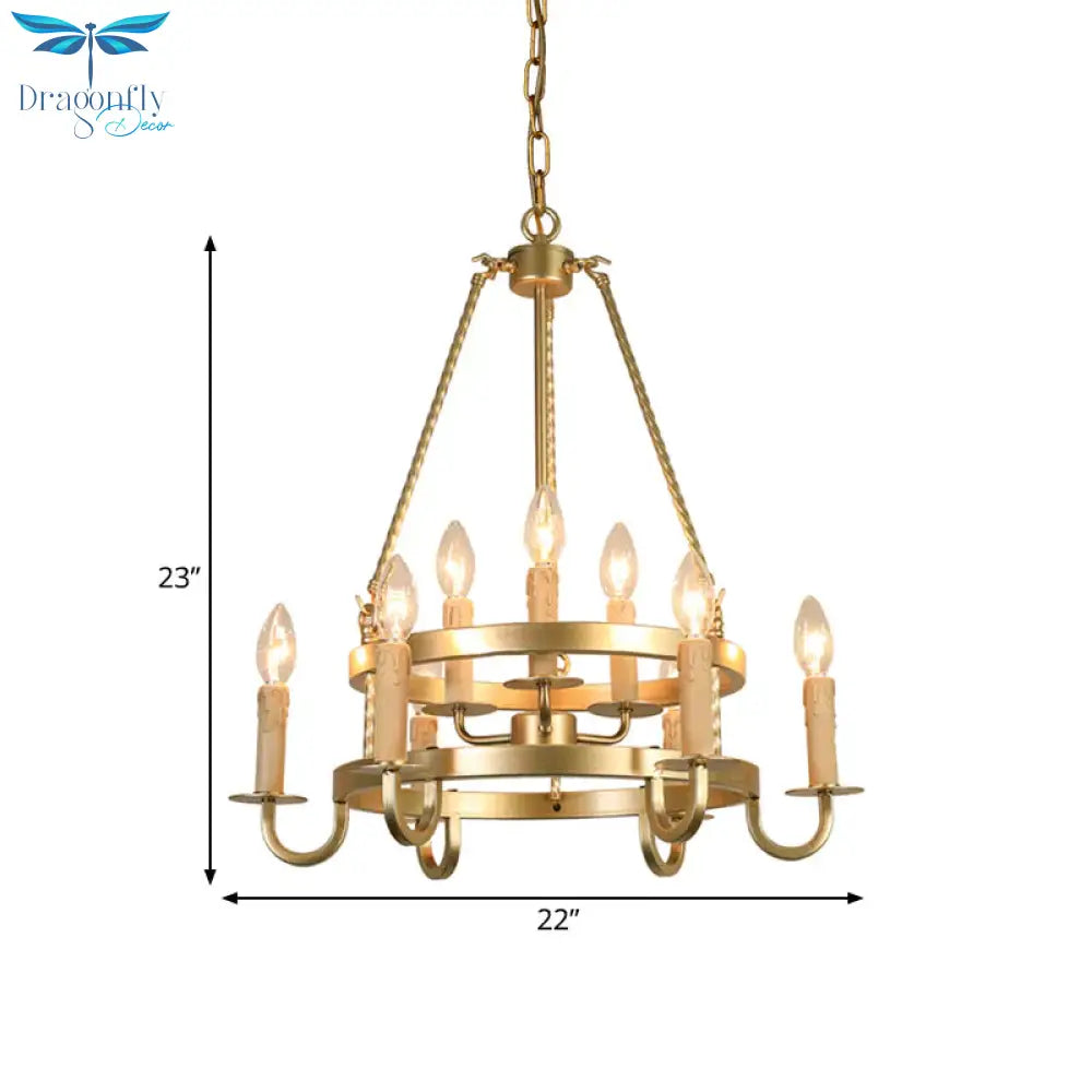 Bronze/Gold Candle Style Hanging Lamp Vintage Metal 9 Lights Living Room Chandelier Lighting