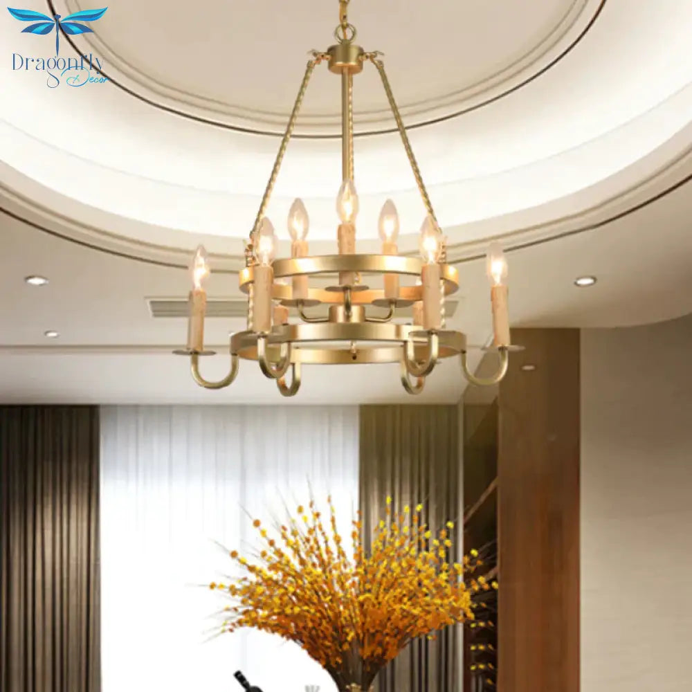 Bronze/Gold Candle Style Hanging Lamp Vintage Metal 9 Lights Living Room Chandelier Lighting
