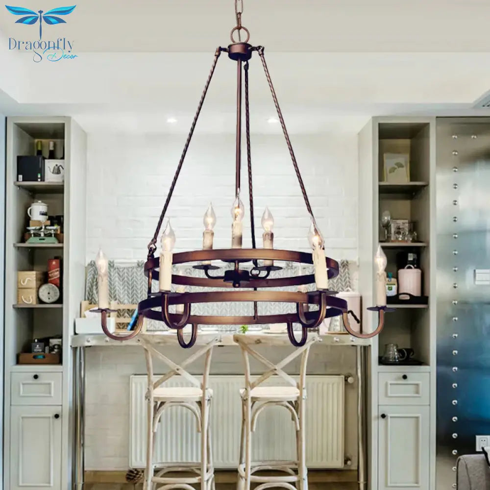 Bronze/Gold Candle Style Hanging Lamp Vintage Metal 9 Lights Living Room Chandelier Lighting