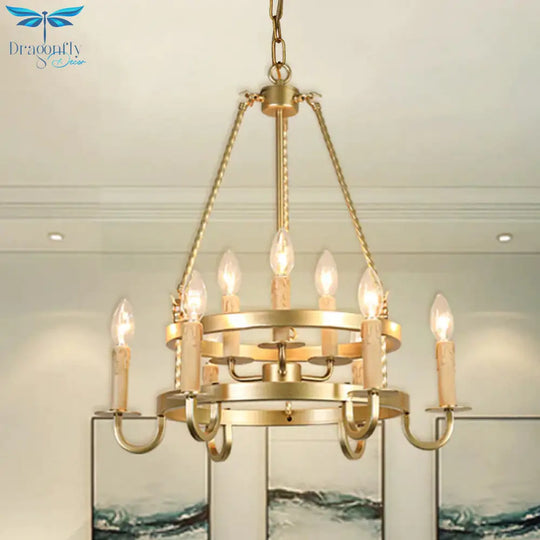 Bronze/Gold Candle Style Hanging Lamp Vintage Metal 9 Lights Living Room Chandelier Lighting