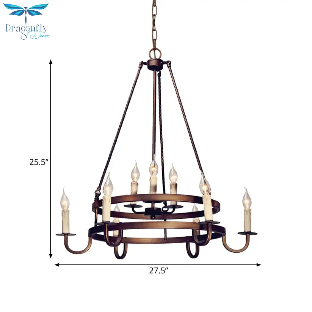Bronze/Gold Candle Style Hanging Lamp Vintage Metal 9 Lights Living Room Chandelier Lighting